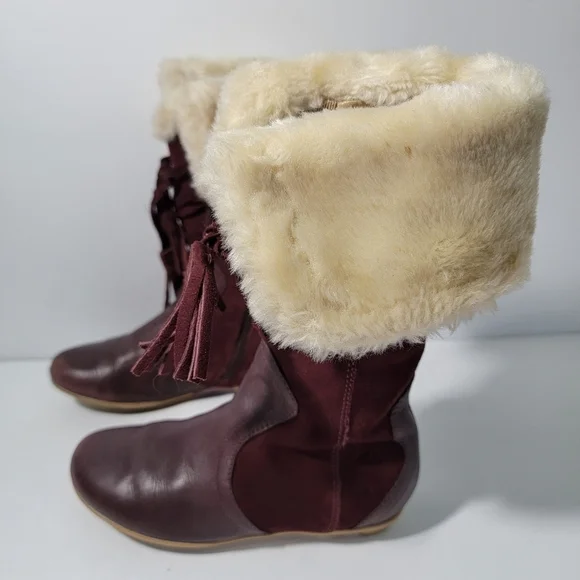 Clark Brown Leather With Faux Fur Trim Side Zip Lace Up Tassel Boots Girl 10.5 - Picture 3 of 12